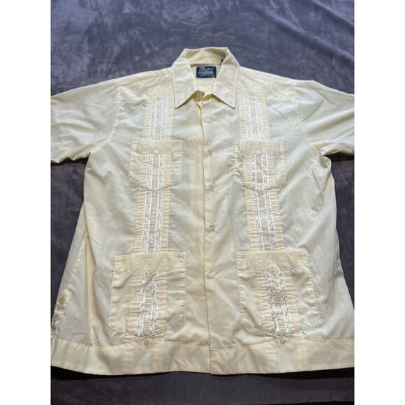 Haband Guayabera‎ Shirt Men's Large Yellow Embroidered Cuban Florida Style - Picture 1 of 7